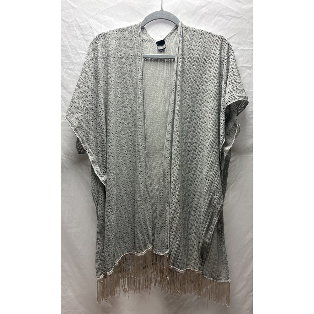 Womens One Size Gray Open Knit Kimono Cardigan Fringe Boho Shawl Wrap